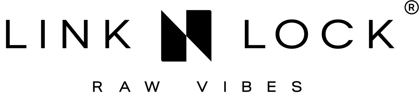 Black text logo reads LINK LOCK with a stylized black “N” square in the center and “RAW VIBES” in smaller letters below, all on a light background.