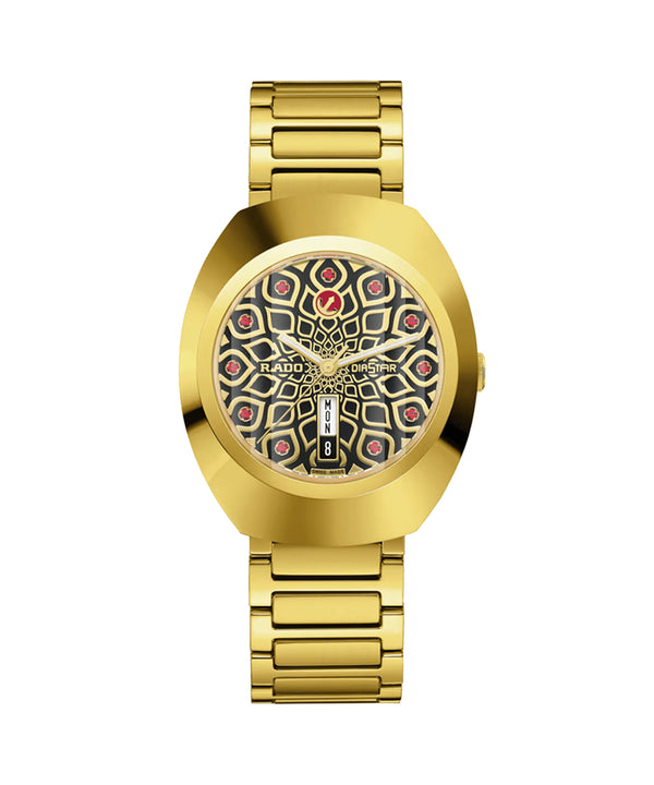 Gold watch with a detailed face on a white background