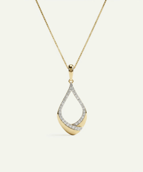 Gold and silver teardrop-shaped pendant on a chain against a white background