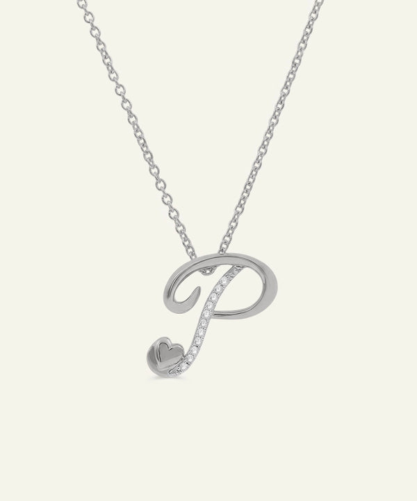 Silver necklace with a 'P' pendant on a white background