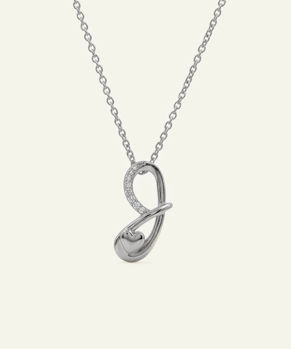 Silver necklace with an infinity symbol pendant on a white background