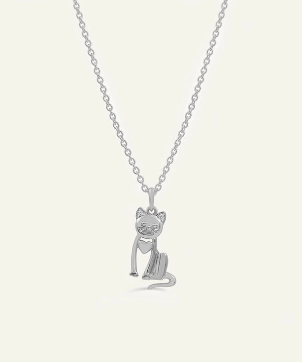Silver cat-shaped pendant on a chain against a white background
