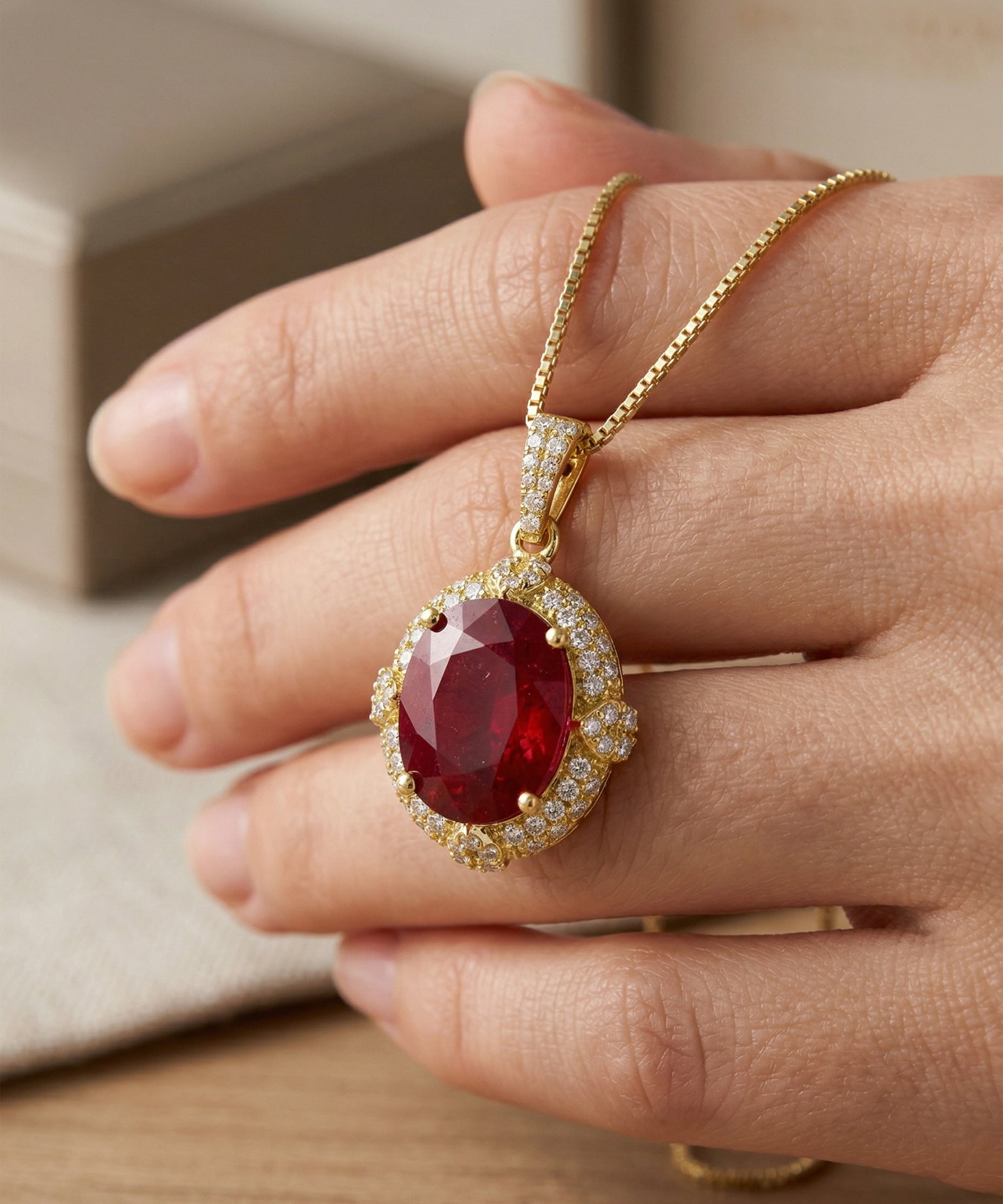 Yellow gold oval ruby halo pendant necklace held over a hand.