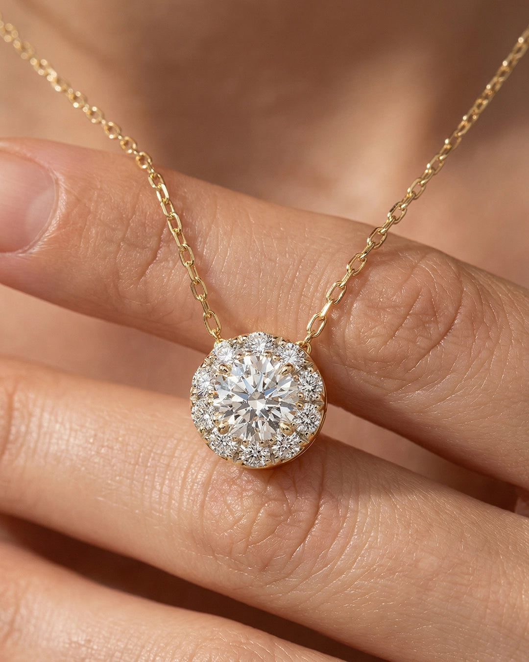 Diamond necklace held between fingers against a blurred background