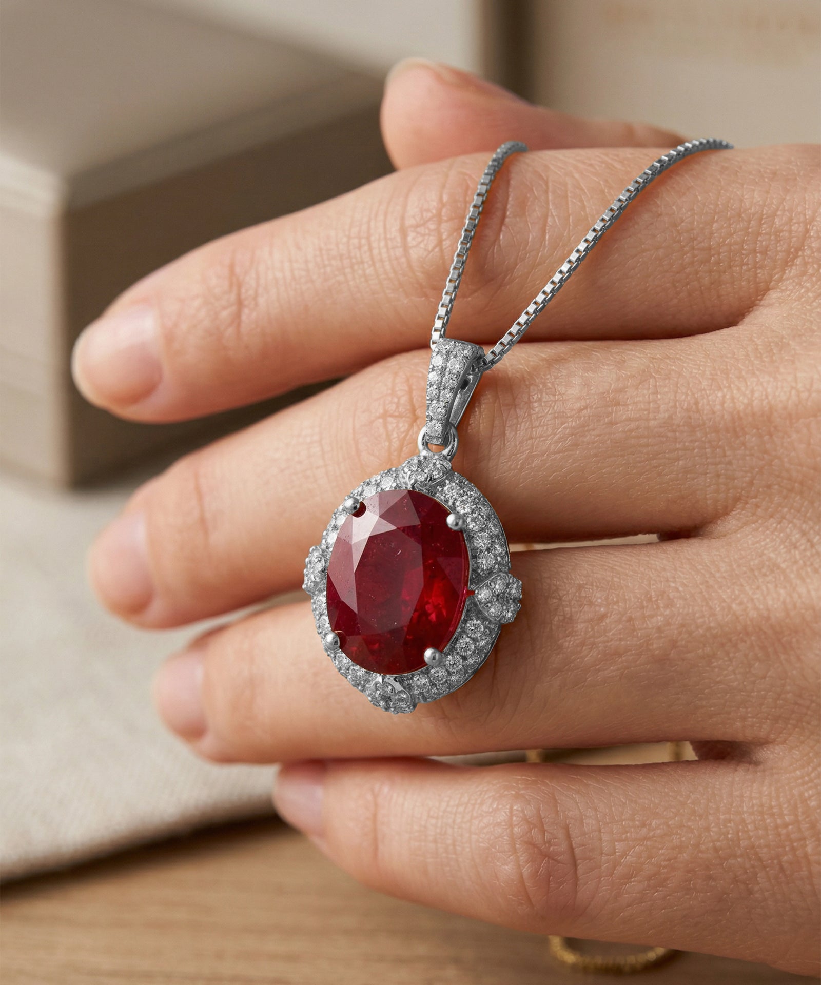 Red gemstone pendant on a silver chain held in a hand against a neutral background