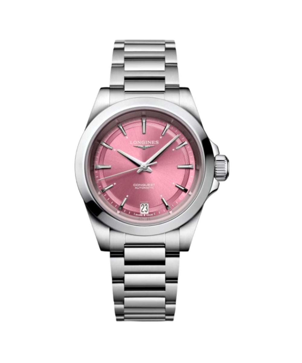 Silver watch with a pink face on a white background