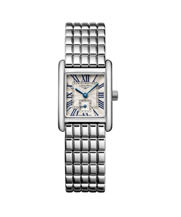 Silver watch with a white face on a white background