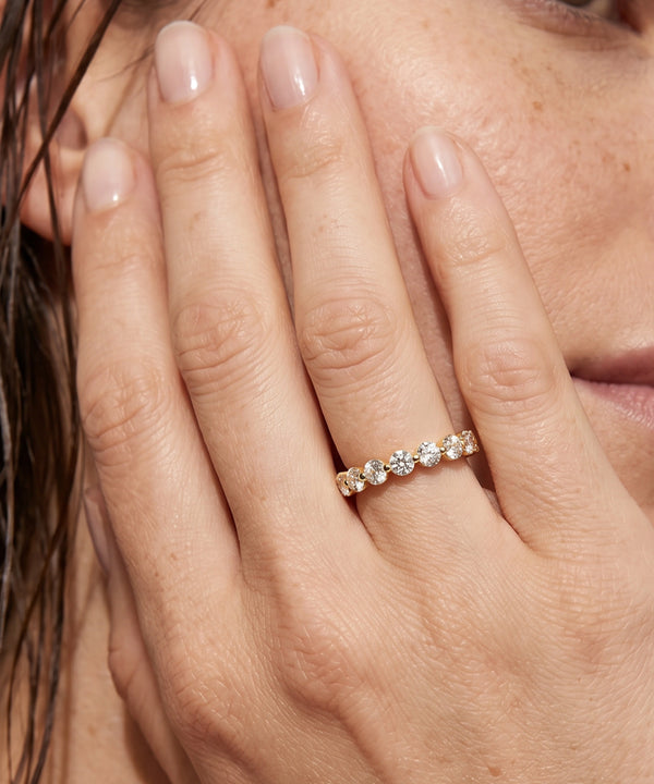 A close-up of a person's hand wearing a delicate gold band ring with small clear gemstones, set against their face.