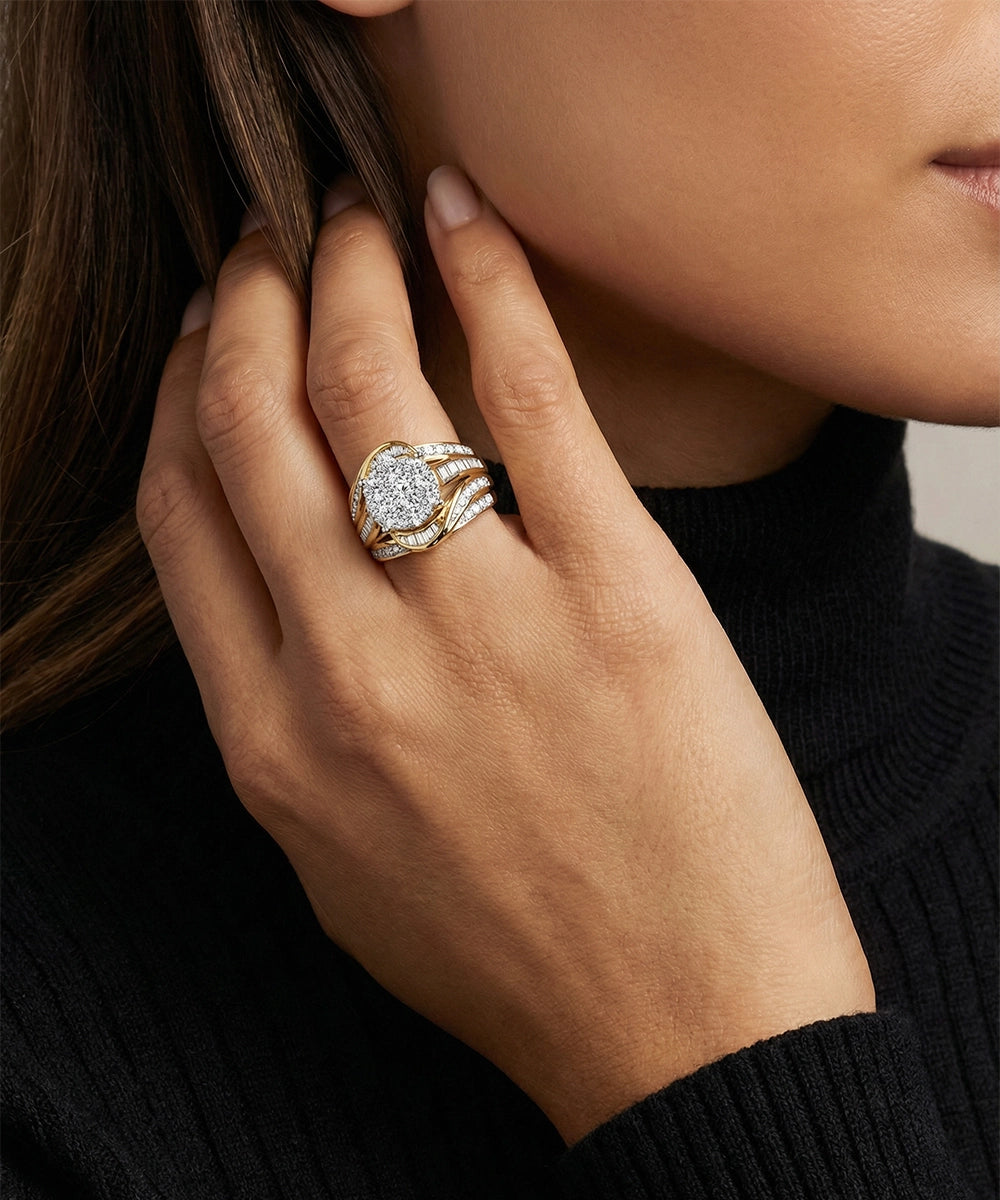 Close-up of a hand wearing a gold ring with a diamond, touching the ear against a neutral background.