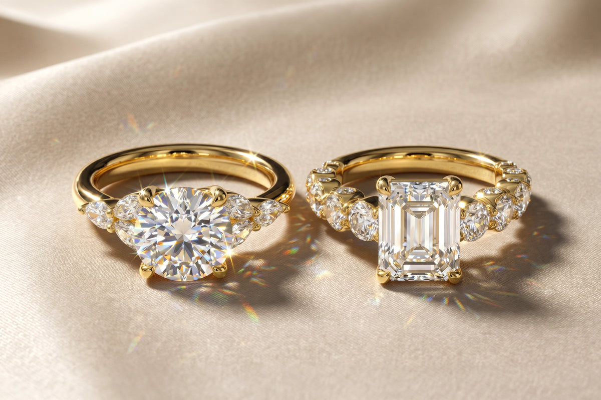 Two gold diamond rings on a beige fabric background