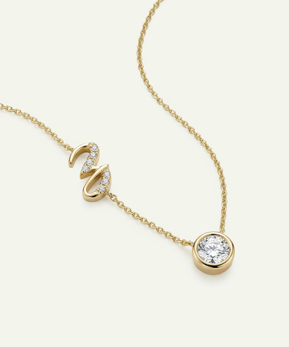 Gold necklace with a swan clasp and round pendant on a white background