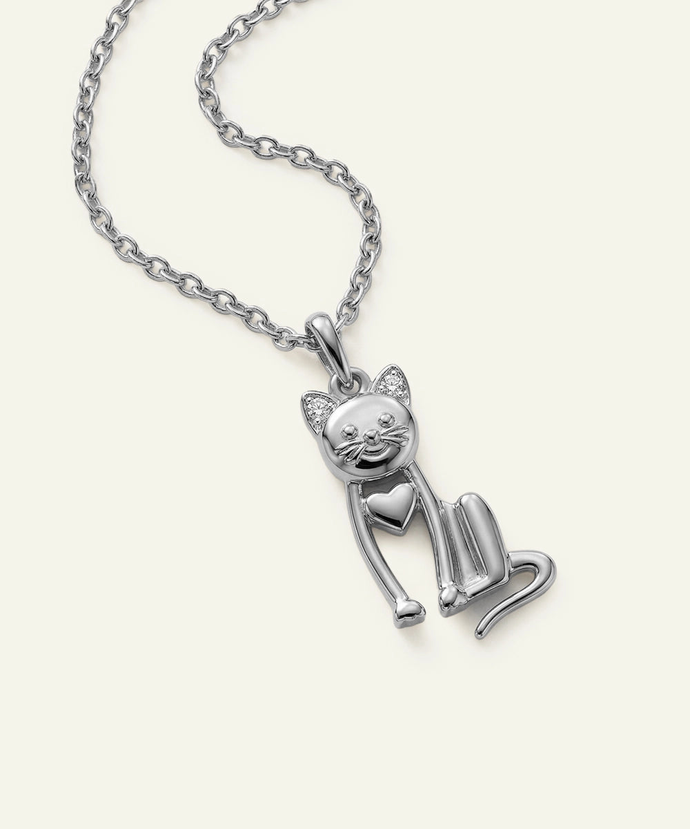 Silver cat-shaped pendant on a chain against a white background