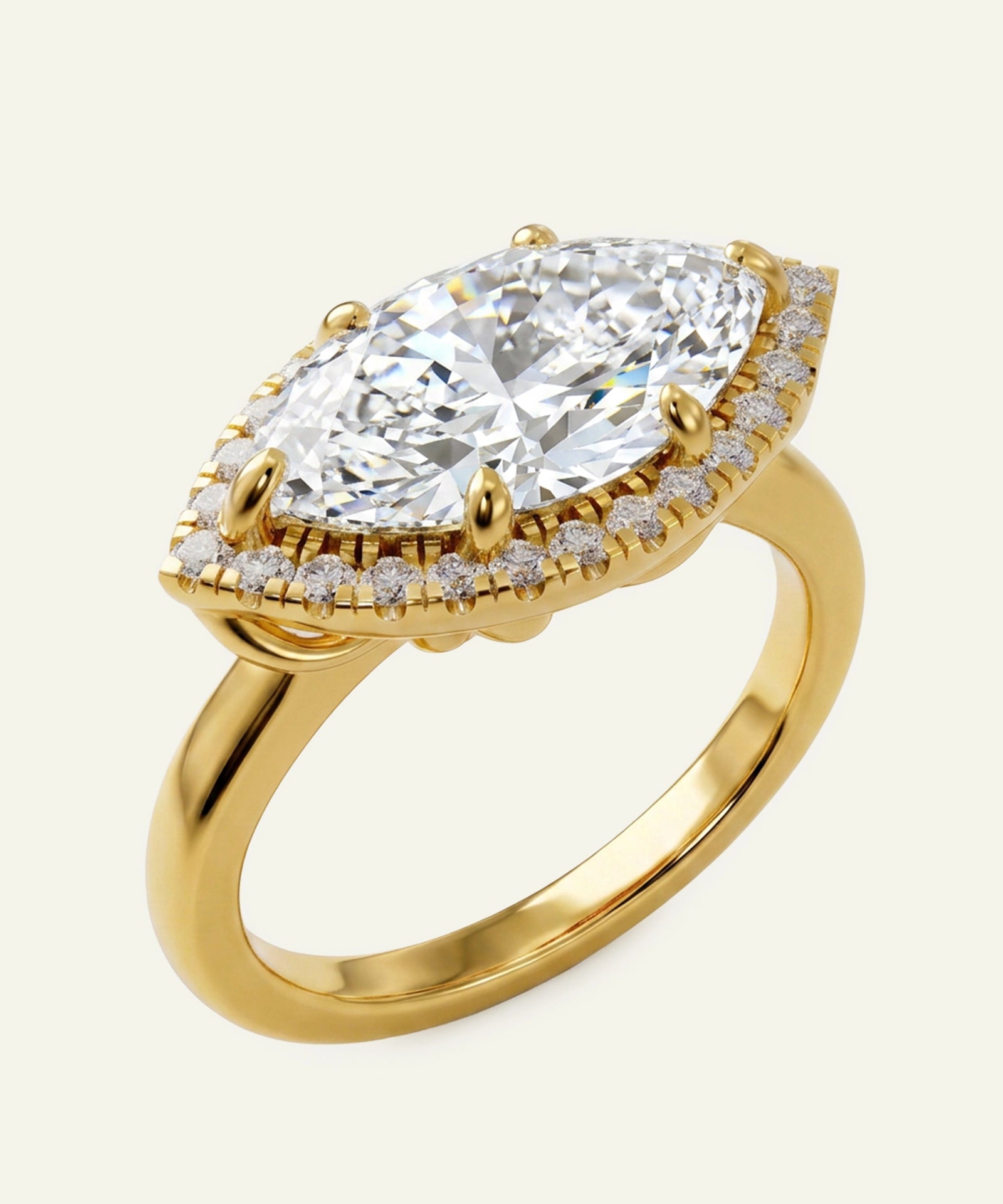Gold ring with a large diamond and smaller diamonds on a white background