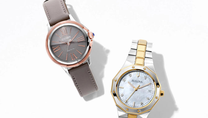Two watches, one with a brown strap and rose gold case, the other with a gold and silver case, on a white background.